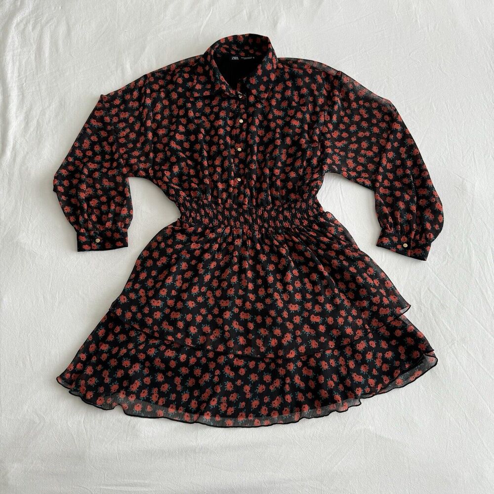Zara Womens Red Floral Mini Dress Button Collared Short Lined Party Size Medium
